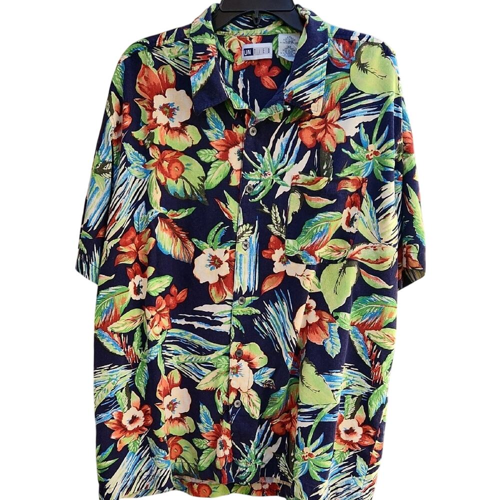 UNTIED Mens 2XL Navy Floral Tropical  Print Button-Up Shirt